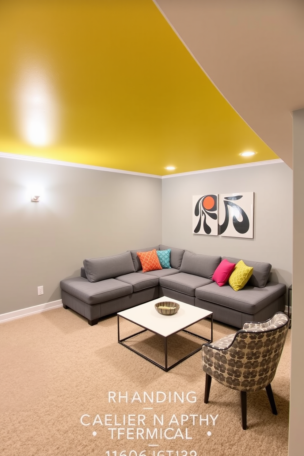 A cozy basement retreat featuring a yellow painted ceiling that adds a unique touch to the space. The walls are a soft gray, and the floor is covered with plush carpeting in a neutral tone. In one corner, a comfortable sectional sofa invites relaxation, adorned with colorful throw pillows. A sleek coffee table sits in front, accompanied by a stylish area rug that ties the room together.