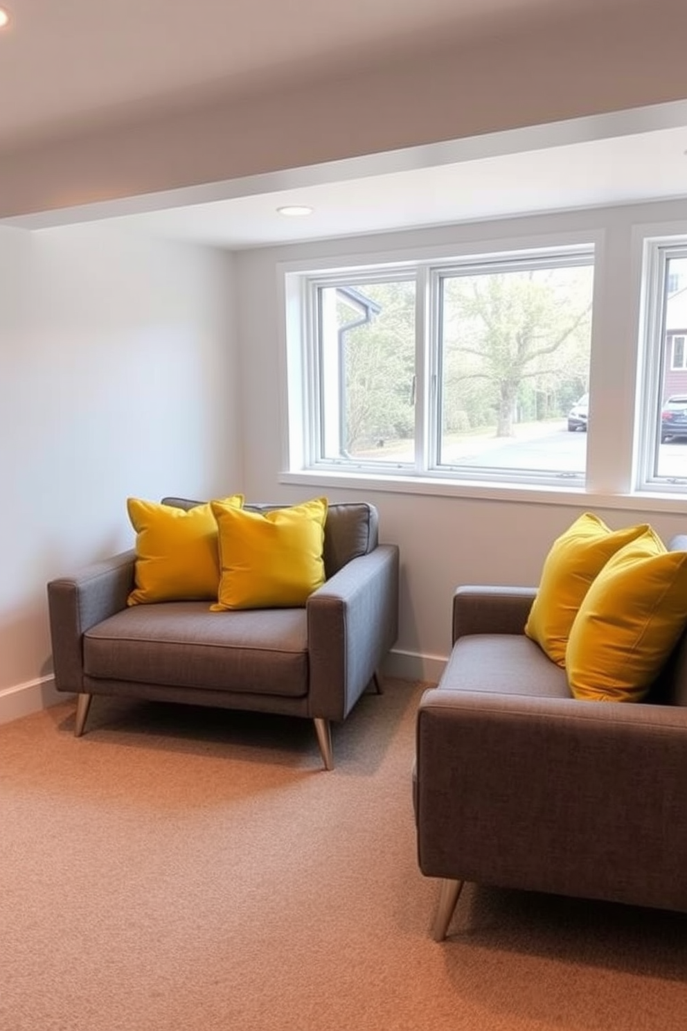 A cozy basement lounge featuring bright yellow throw pillows on a pair of modern gray sofas. The walls are painted in a soft white, and large windows allow natural light to flood the space, enhancing the cheerful atmosphere.