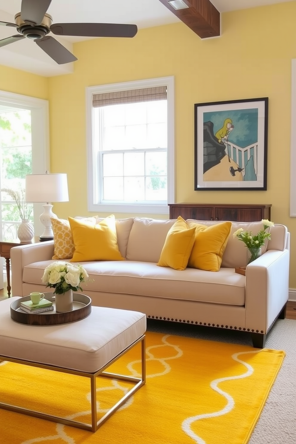 Incorporating yellow in decorative accents creates a vibrant and cheerful atmosphere. Soft yellow throw pillows and a bright yellow area rug complement a neutral sofa, adding a touch of warmth to the living space. For a yellow basement design, consider painting the walls a light sunny yellow to brighten the area. Pair this with darker wood furniture and warm lighting to create a cozy yet inviting retreat.