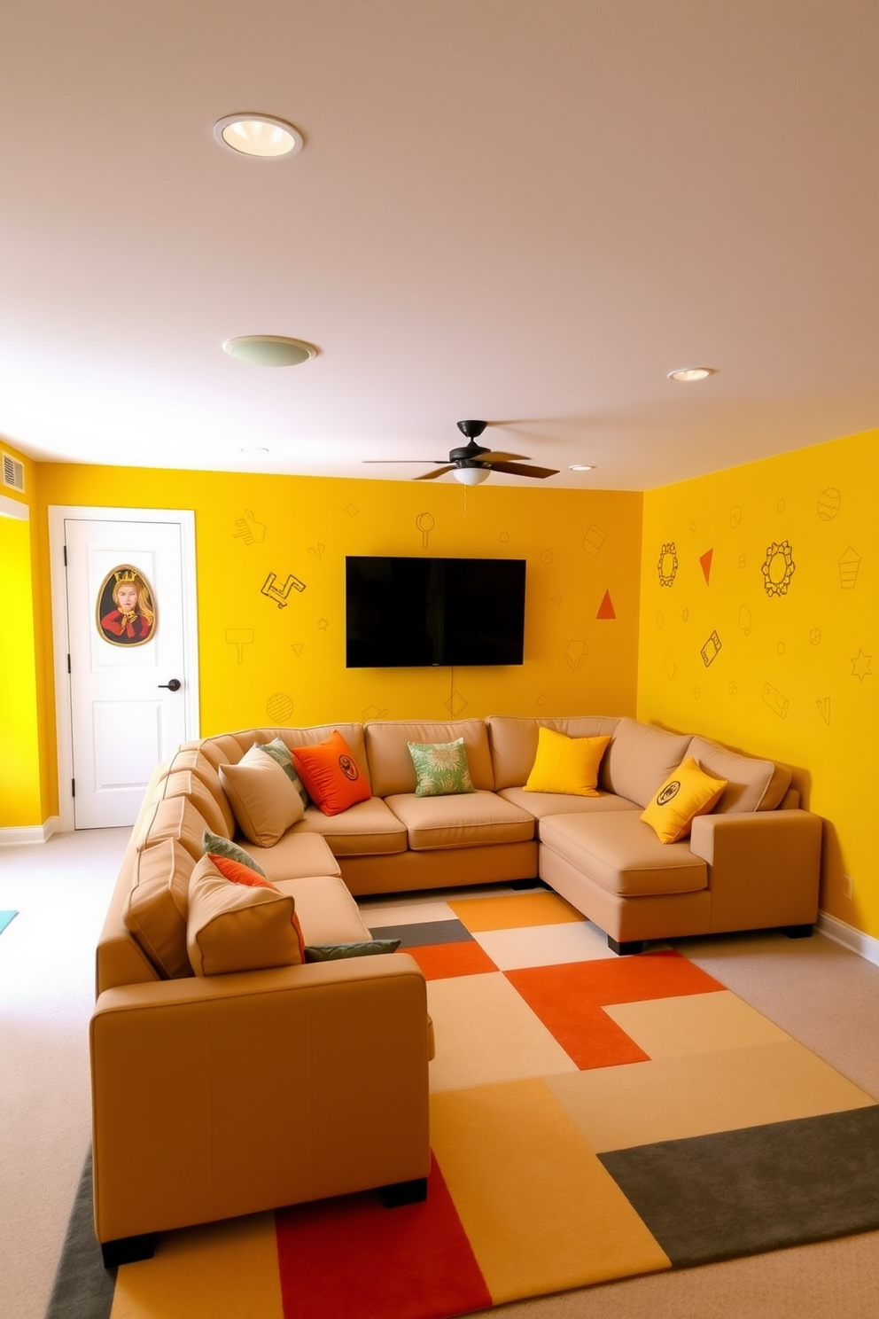 A vibrant yellow basement designed for relaxation and entertainment. The walls are adorned with playful yellow wall decals featuring geometric patterns and whimsical shapes. The space includes a cozy seating area with a plush sectional sofa and bright accent pillows. A large area rug in complementary colors anchors the room, creating a welcoming atmosphere.