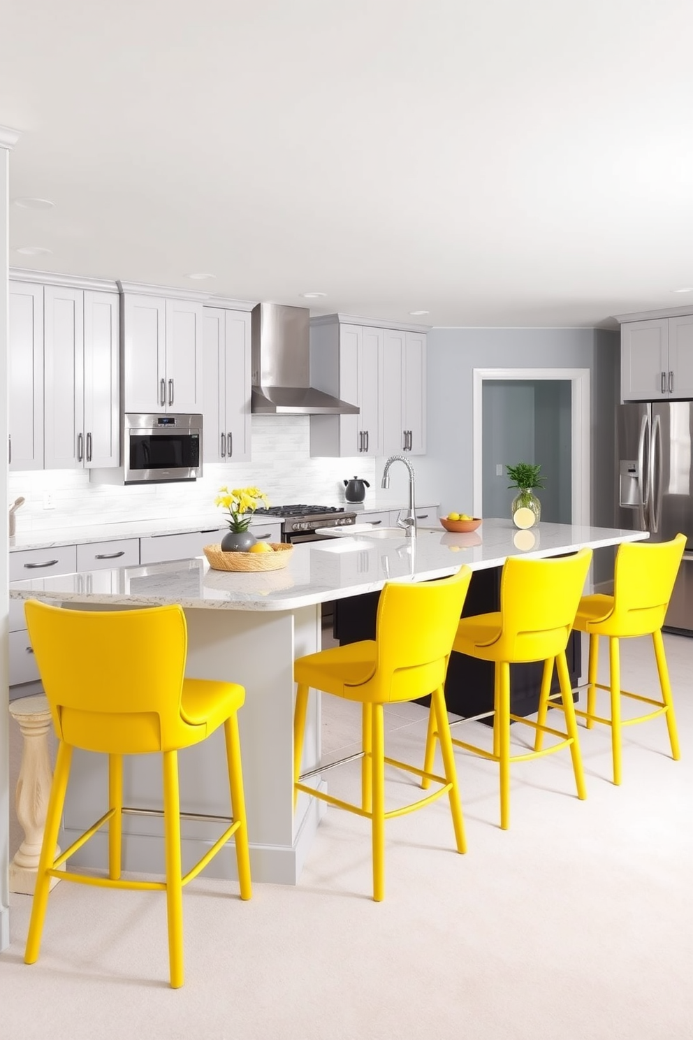 A stylish basement kitchen featuring yellow bar stools that add a pop of color. The kitchen has modern cabinetry with sleek finishes and an open layout that encourages socializing. The walls are painted in a soft gray, contrasting beautifully with the vibrant yellow of the stools. A large island in the center provides additional seating and workspace, creating a welcoming atmosphere.