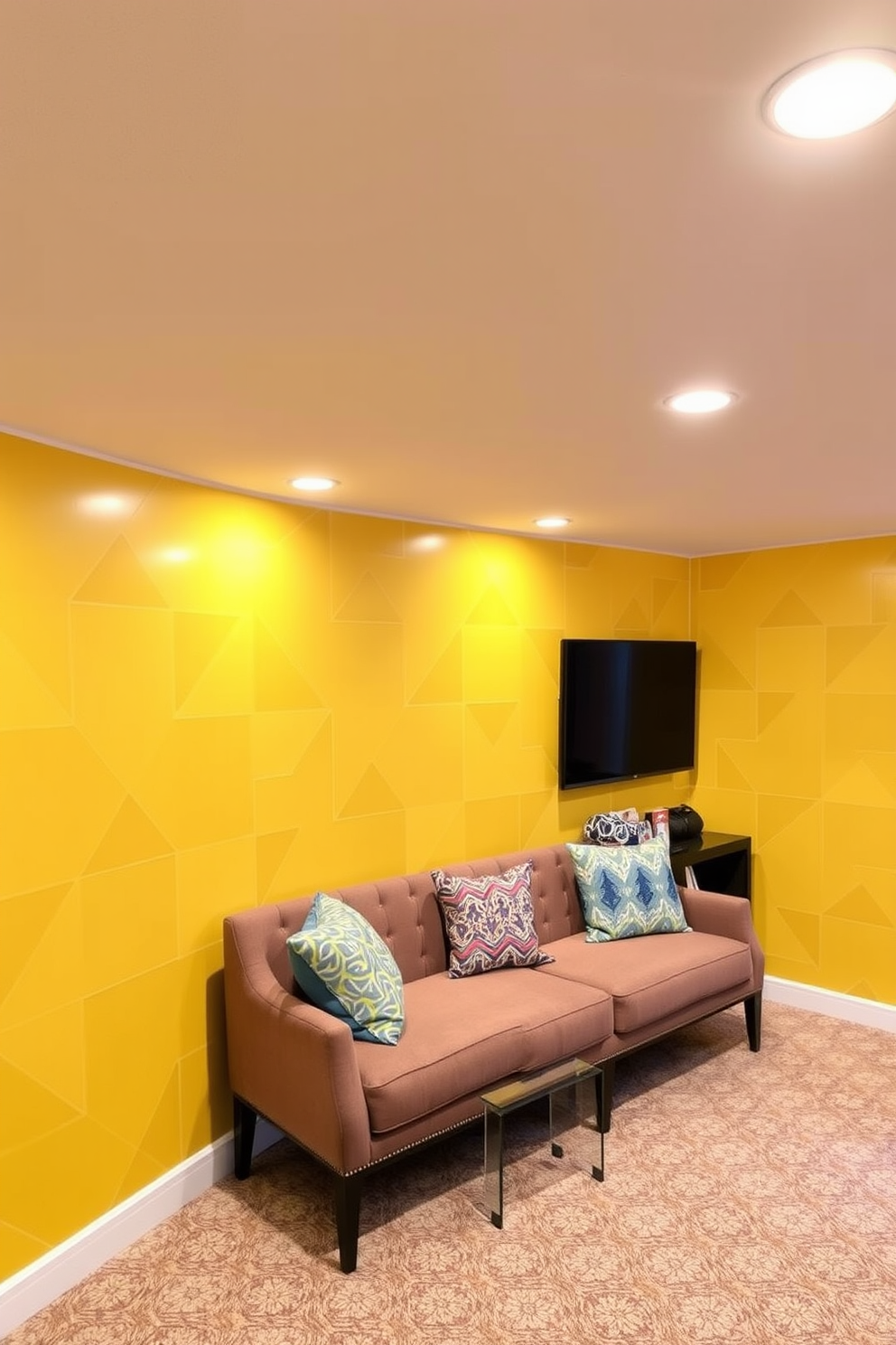 A vibrant basement featuring an accent wall adorned with bold yellow geometric patterns. The space is illuminated by warm lighting, creating a cozy atmosphere that complements the playful design.