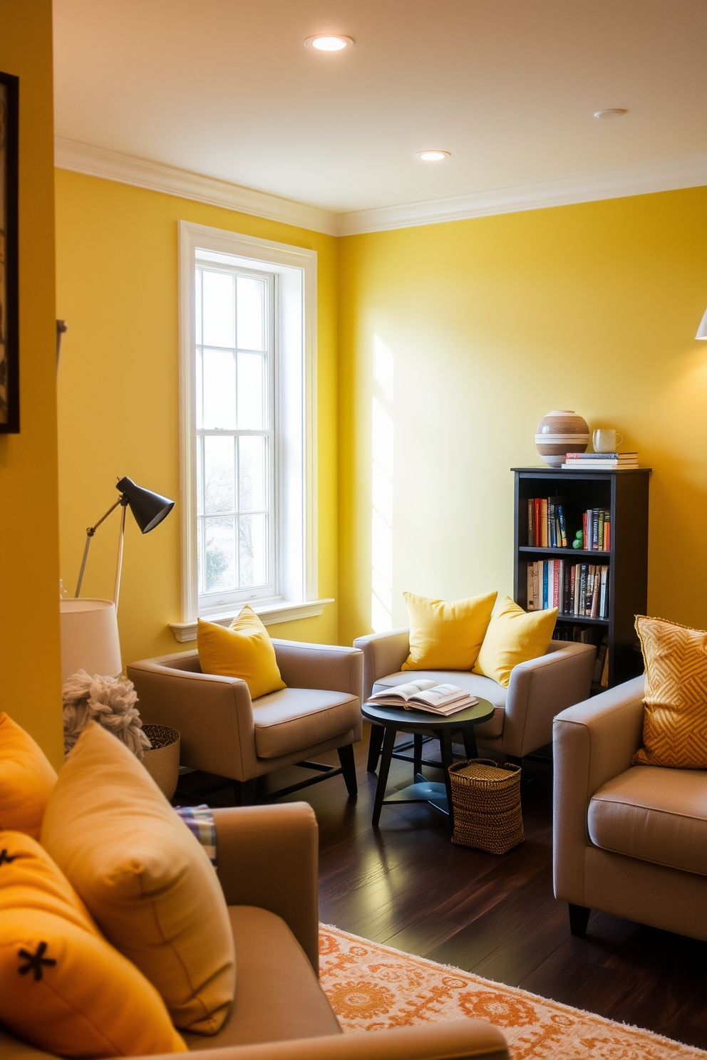 Cozy reading nook with yellow cushions. A plush armchair is positioned next to a large window, bathed in natural light. A small side table holds a stack of books and a steaming cup of tea. The walls are adorned with soft, neutral tones, creating a warm and inviting atmosphere. Yellow basement design ideas. The space features bright yellow walls that contrast with dark wooden flooring. Comfortable seating arrangements are complemented by colorful throw pillows and soft lighting fixtures. A small bookshelf and a cozy rug add to the charm, making it a perfect retreat for relaxation.