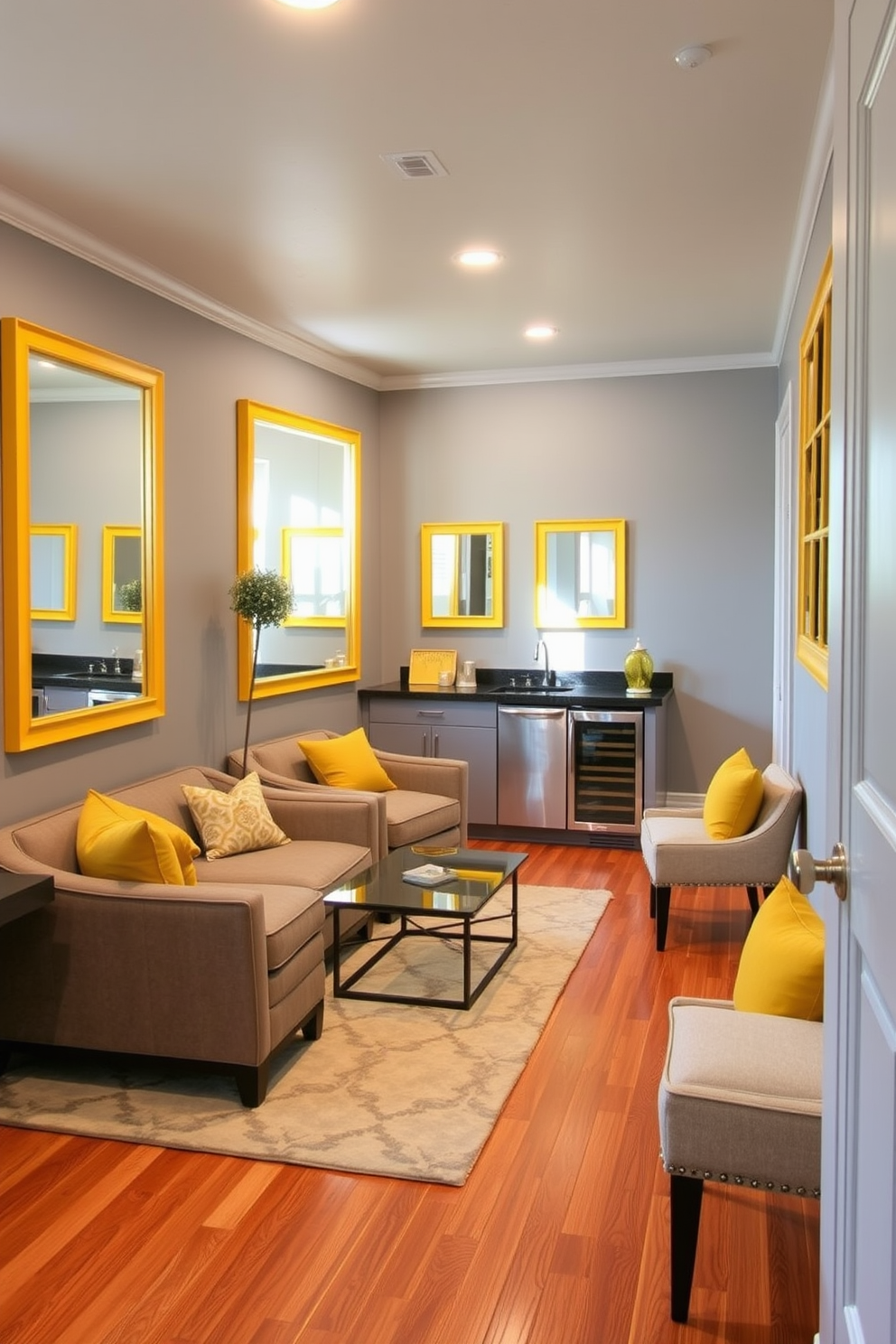 A stylish basement retreat featuring yellow framed mirrors that reflect natural light and create an airy atmosphere. The walls are painted in a soft gray, complemented by cozy seating arrangements and vibrant yellow accents throughout the space. The flooring is a warm hardwood, adding a touch of elegance to the overall design. A small wet bar with sleek cabinetry and modern appliances completes the inviting ambiance of this basement haven.