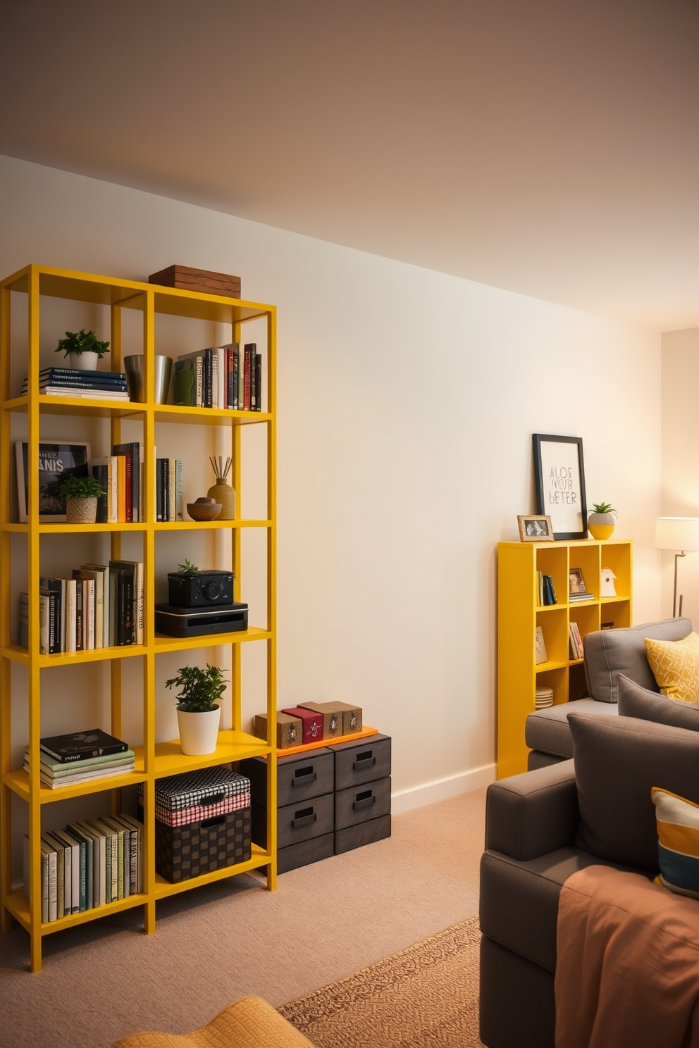 A vibrant yellow shelving unit lines the wall, showcasing an array of functional decor items such as books, plants, and decorative boxes. The shelving adds a cheerful pop of color to the space, creating a lively and inviting atmosphere. The basement features a modern design with yellow accents, including a cozy seating area and ambient lighting. Soft textures and playful patterns enhance the warmth of the space, making it a perfect retreat for relaxation and entertainment.