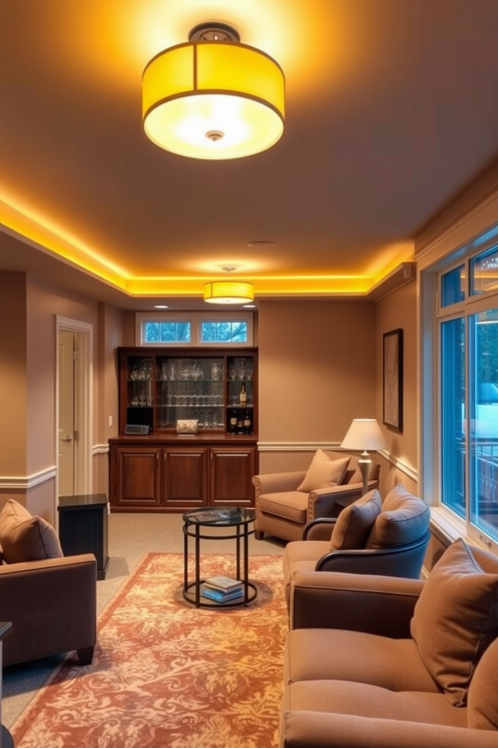 A cozy basement retreat featuring warm yellow lighting fixtures that create a welcoming ambiance. The walls are painted in a soft beige, complemented by plush seating in earthy tones and a stylish area rug. In one corner, a small bar area showcases elegant shelving with decorative glassware. Large windows allow natural light to filter in, enhancing the inviting atmosphere of the space.