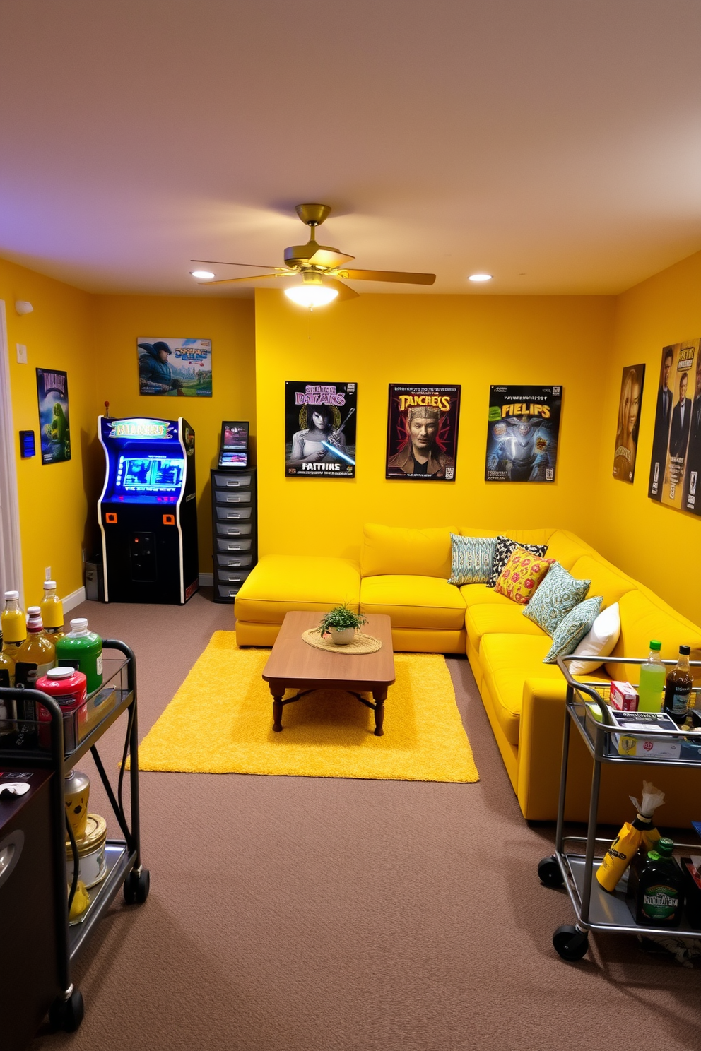 A vibrant game area filled with yellow accents creates a lively atmosphere for entertainment. The walls are painted a cheerful shade of yellow, complemented by a plush yellow sectional sofa and a large coffee table in the center. In one corner, a sleek arcade machine stands against the wall, surrounded by colorful game posters. Soft lighting fixtures hang from the ceiling, casting a warm glow over the space, while a bright rug anchors the seating area. The basement features an open layout with a dedicated gaming zone that invites relaxation and fun. A stylish bar cart stocked with drinks and snacks is positioned nearby, enhancing the overall entertainment experience.