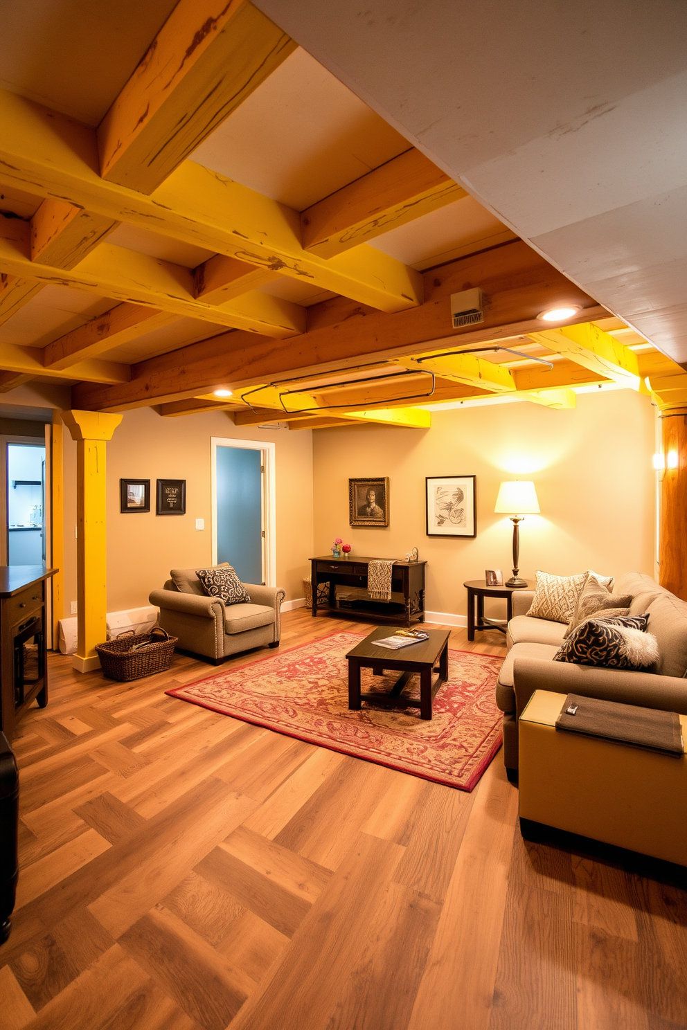 A cozy basement setting featuring rustic yellow beams that create a warm and inviting atmosphere. The walls are painted in a soft beige, complementing the wooden accents and enhancing the overall charm of the space. The flooring consists of reclaimed wood planks that add character and warmth. Comfortable seating arrangements with plush cushions and a large area rug invite relaxation and social gatherings.