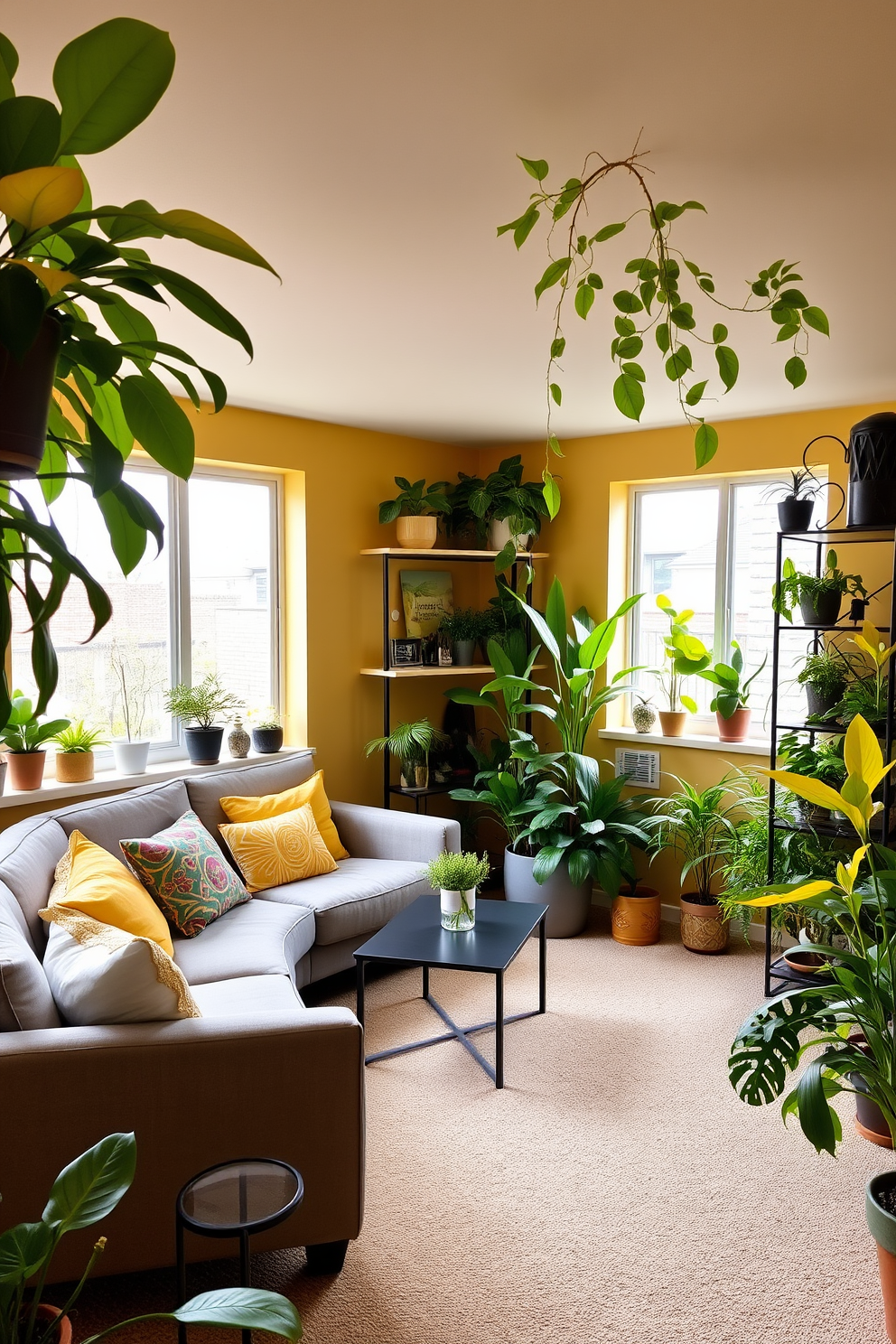 Bright yellow plants create a vibrant and lively atmosphere in the basement. The space features a cozy seating area with a soft gray couch and colorful throw pillows, complemented by a sleek coffee table. The walls are painted in a warm beige tone, enhancing the brightness of the yellow plants. Large windows allow natural light to flood in, while decorative shelving displays an array of indoor plants and art pieces.