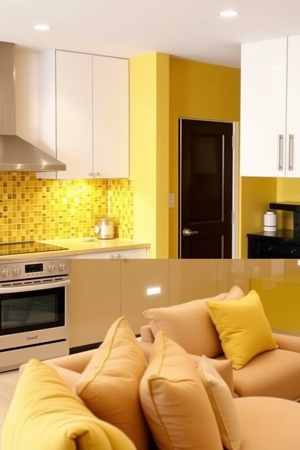 A vibrant kitchen featuring a backsplash made of yellow mosaic tiles that adds a cheerful touch to the space. The cabinetry is sleek and modern, complemented by stainless steel appliances that enhance the contemporary feel. A cozy basement designed with a yellow color palette that creates a warm and inviting atmosphere. Plush seating arrangements and soft lighting make the space perfect for relaxation and entertainment.