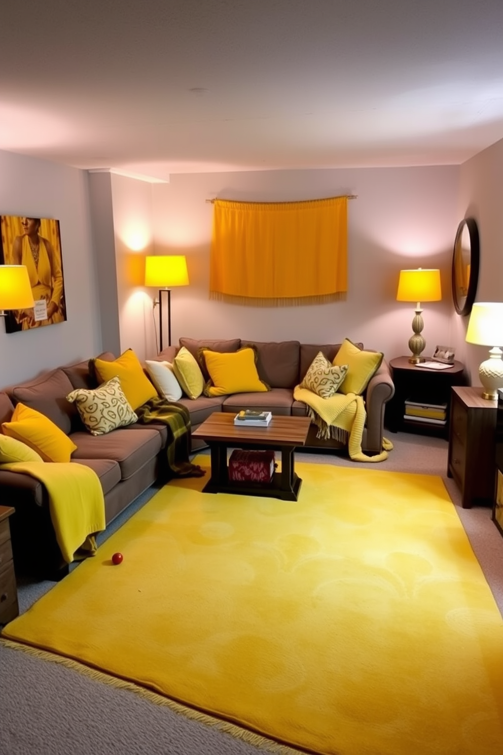 A cozy basement retreat featuring layered yellow textiles that create a warm and inviting atmosphere. The walls are painted in a soft gray, complementing the vibrant yellow cushions and throws scattered across a plush sectional sofa. In one corner, a stylish yellow area rug anchors the space, while a wooden coffee table adds a rustic touch. Soft lighting from table lamps with yellow shades enhances the comfort, making it the perfect spot for relaxation and entertainment.