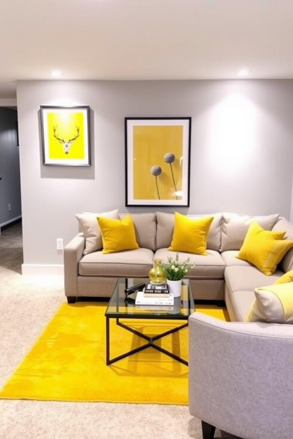 A cozy basement space featuring yellow art prints that add a personal touch to the decor. The walls are painted a soft gray, creating a warm backdrop for the vibrant artwork displayed in sleek frames. The basement includes a comfortable seating area with a plush sectional sofa in neutral tones. A stylish coffee table sits in front, complemented by a bright yellow area rug that ties the space together.