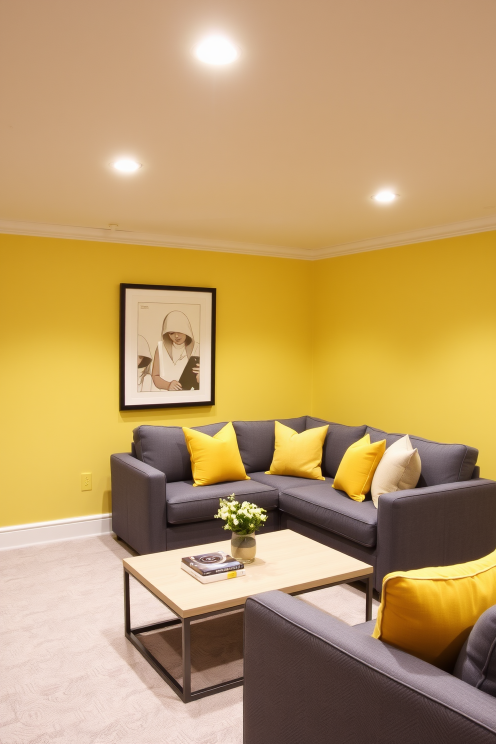 A stylish basement featuring a yellow and gray color scheme. The walls are painted a soft yellow, while the furnishings are upholstered in rich gray fabric for a sophisticated contrast. In one corner, a cozy seating area includes a plush gray sofa adorned with yellow accent pillows. A sleek coffee table in a light wood finish complements the overall design, enhancing the elegance of the space.