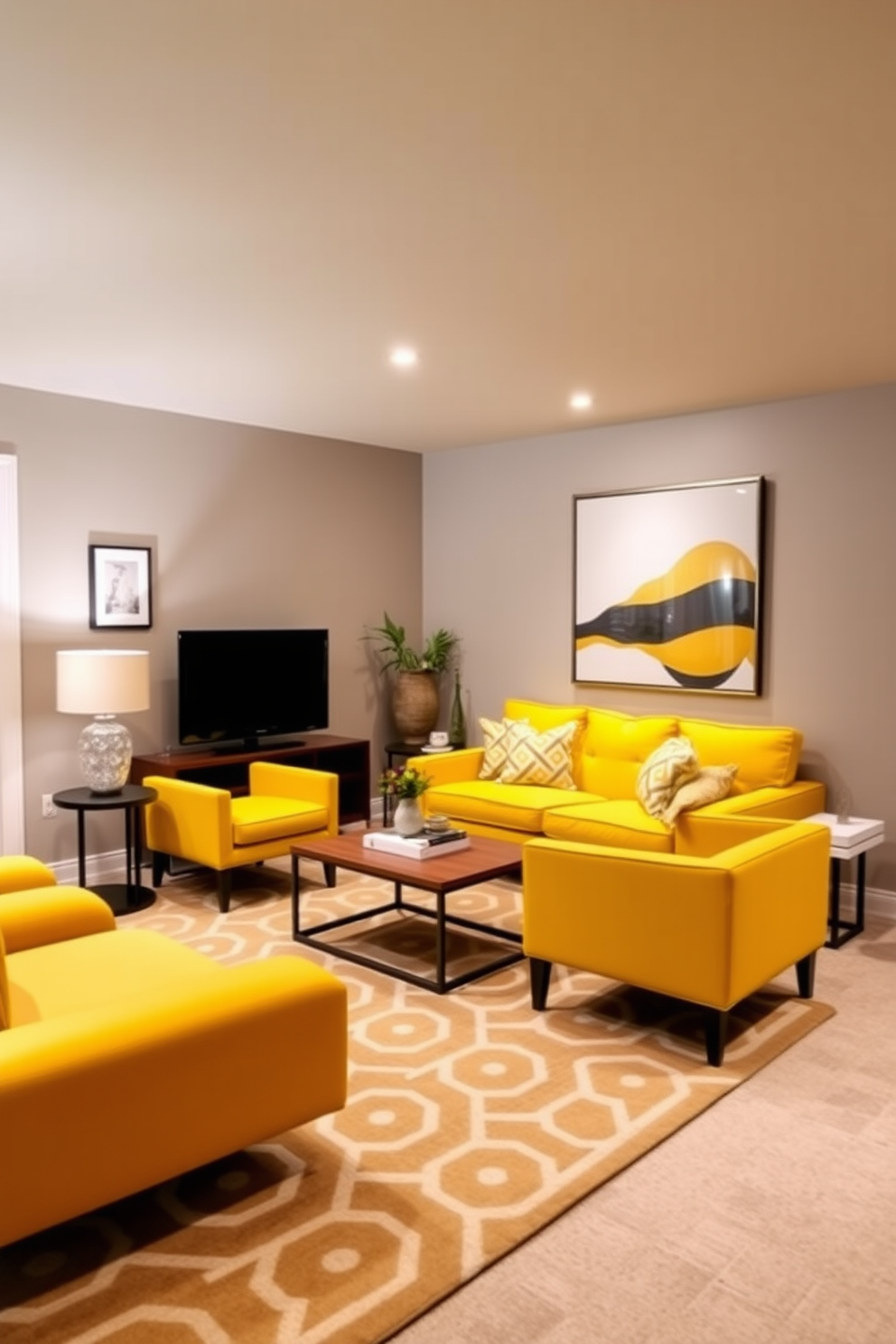 A stylish basement featuring bold yellow furniture pieces that serve as statement items. The space is designed with contemporary accents, incorporating a cozy seating area with a yellow sofa and matching armchairs. The walls are painted in a soft gray to create a balanced backdrop. A large area rug with geometric patterns complements the yellow furniture, adding warmth and texture to the basement design.