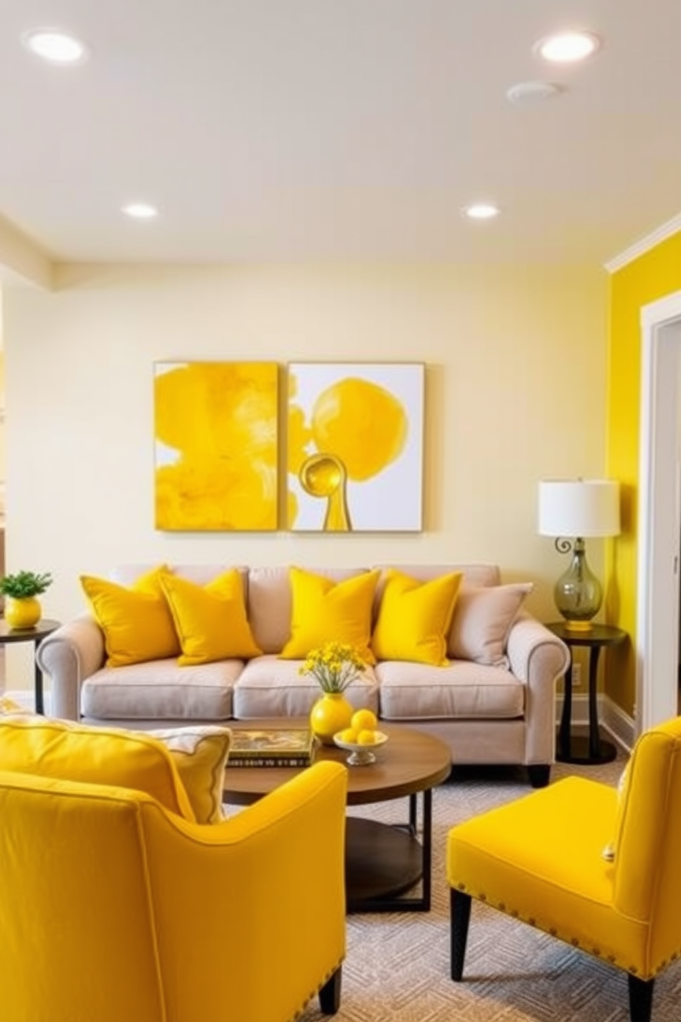 Sunshine-inspired decor with yellow accessories. The space features bright yellow cushions on a neutral sofa, complemented by cheerful artwork that incorporates shades of yellow and gold. Yellow Basement Design Ideas. The basement is transformed with soft yellow walls and cozy lighting, creating an inviting atmosphere with yellow accent furniture and decor elements throughout.