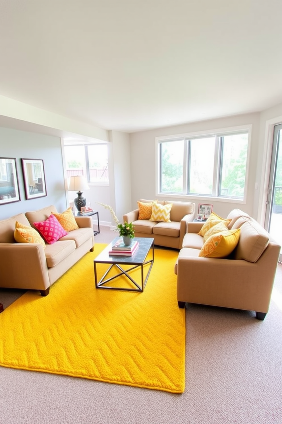 A cheerful yellow area rug anchors the space, adding warmth and brightness to the basement. The walls are painted in a light gray tone, complementing the vibrant rug and creating an inviting atmosphere. Cozy seating arrangements featuring plush sofas and colorful throw pillows are arranged around a coffee table. Large windows allow natural light to flood in, enhancing the cheerful vibe of the yellow basement design.