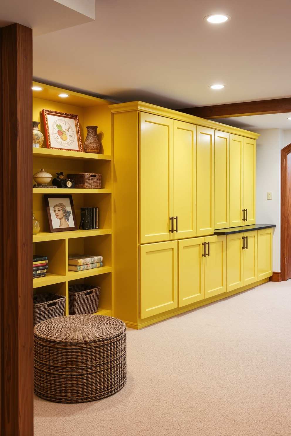 A bright and inviting basement featuring yellow cabinetry that contrasts beautifully with natural wood accents. The space is designed to be both functional and stylish, with open shelving displaying decorative items and a cozy seating area for relaxation.