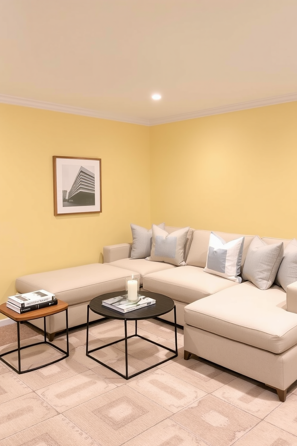 A cozy basement retreat with soft pastel yellow walls that create a serene atmosphere. The space features a plush sectional sofa adorned with light gray and white throw pillows, inviting relaxation. In one corner, a small wooden coffee table holds a stack of design books and a decorative candle. A large area rug with subtle geometric patterns anchors the seating area, adding warmth to the room.