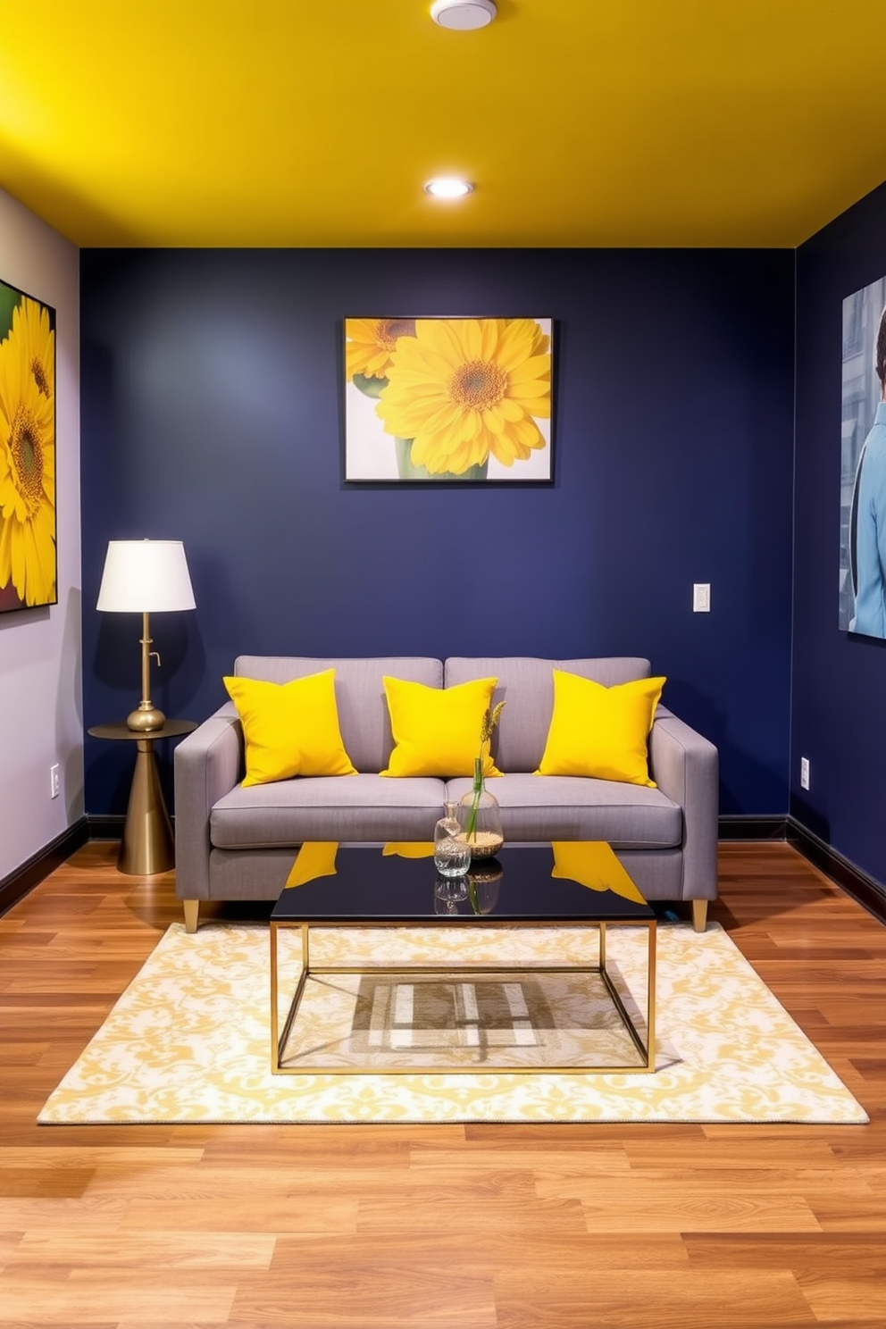 A vibrant basement setting featuring bold yellow artwork on the walls that energizes the space. The room includes a cozy seating area with a plush gray sofa and a sleek coffee table, complemented by bright yellow throw pillows.