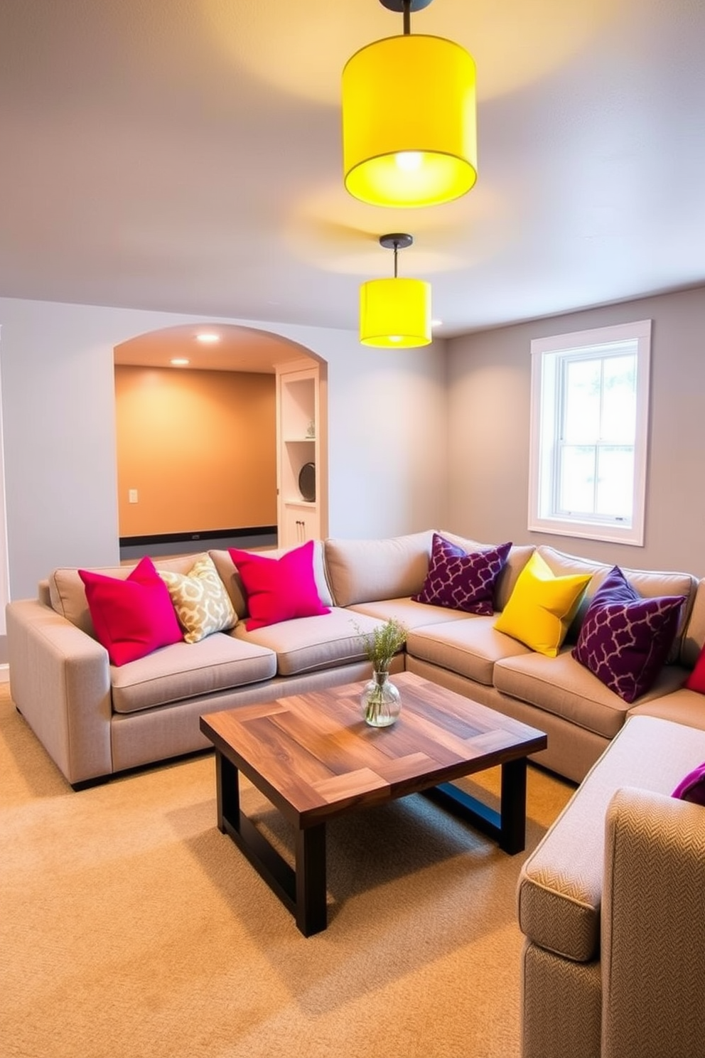 A stylish basement featuring yellow pendant lights that create a modern and inviting atmosphere. The walls are painted in a soft gray, complementing the warm tones of the yellow lighting. The space includes a cozy seating area with a sectional sofa in a neutral fabric. A sleek coffee table made of reclaimed wood sits in the center, surrounded by vibrant accent pillows that enhance the cheerful ambiance.