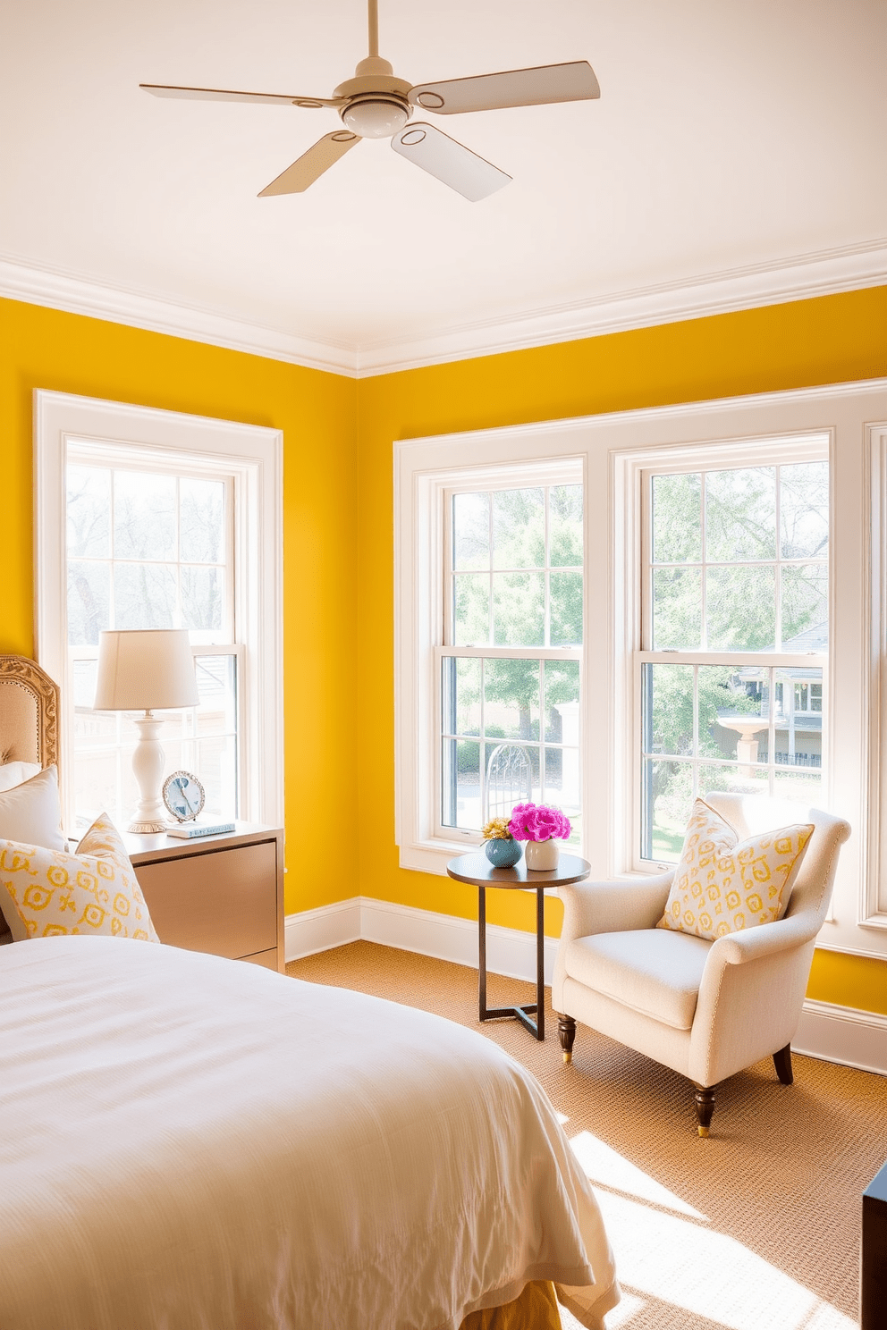 A bright and cheerful bedroom featuring a sunny yellow accent wall with crisp white trim. The room is adorned with soft, inviting bedding and decorative pillows that complement the vibrant wall color. Natural light floods the space through large windows, enhancing the warm atmosphere. A cozy reading nook with a plush chair and a small side table is positioned near the window, creating a perfect spot for relaxation.