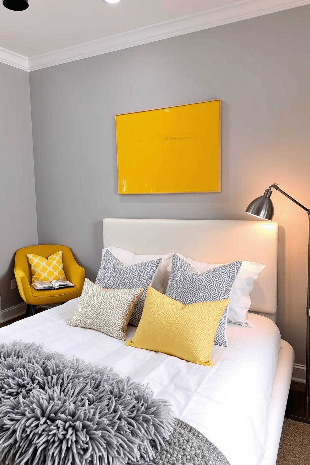 A bright yellow artwork piece hangs above a plush white bed adorned with yellow and gray patterned throw pillows. The walls are painted in a soft gray tone, creating a serene backdrop that enhances the vibrancy of the artwork. A cozy reading nook is set up in one corner, featuring a yellow accent chair and a small side table. A fluffy gray rug anchors the space, while a floor lamp provides warm lighting for evening reading.