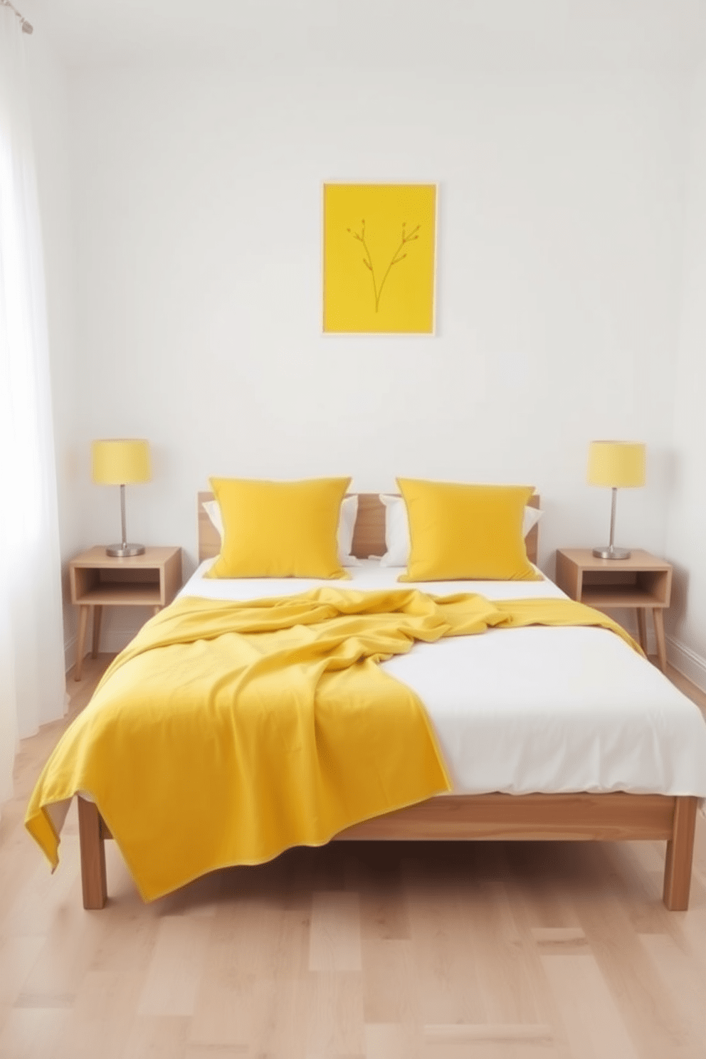 A minimalist bedroom featuring soft yellow accents throughout the space. The walls are painted in a crisp white, creating a bright and airy atmosphere enhanced by a subtle yellow throw blanket draped over the bed. A sleek wooden bed frame is complemented by yellow accent pillows and a matching bedside lamp. The flooring is light hardwood, and a simple yellow artwork hangs above the bed, adding a touch of warmth to the room.