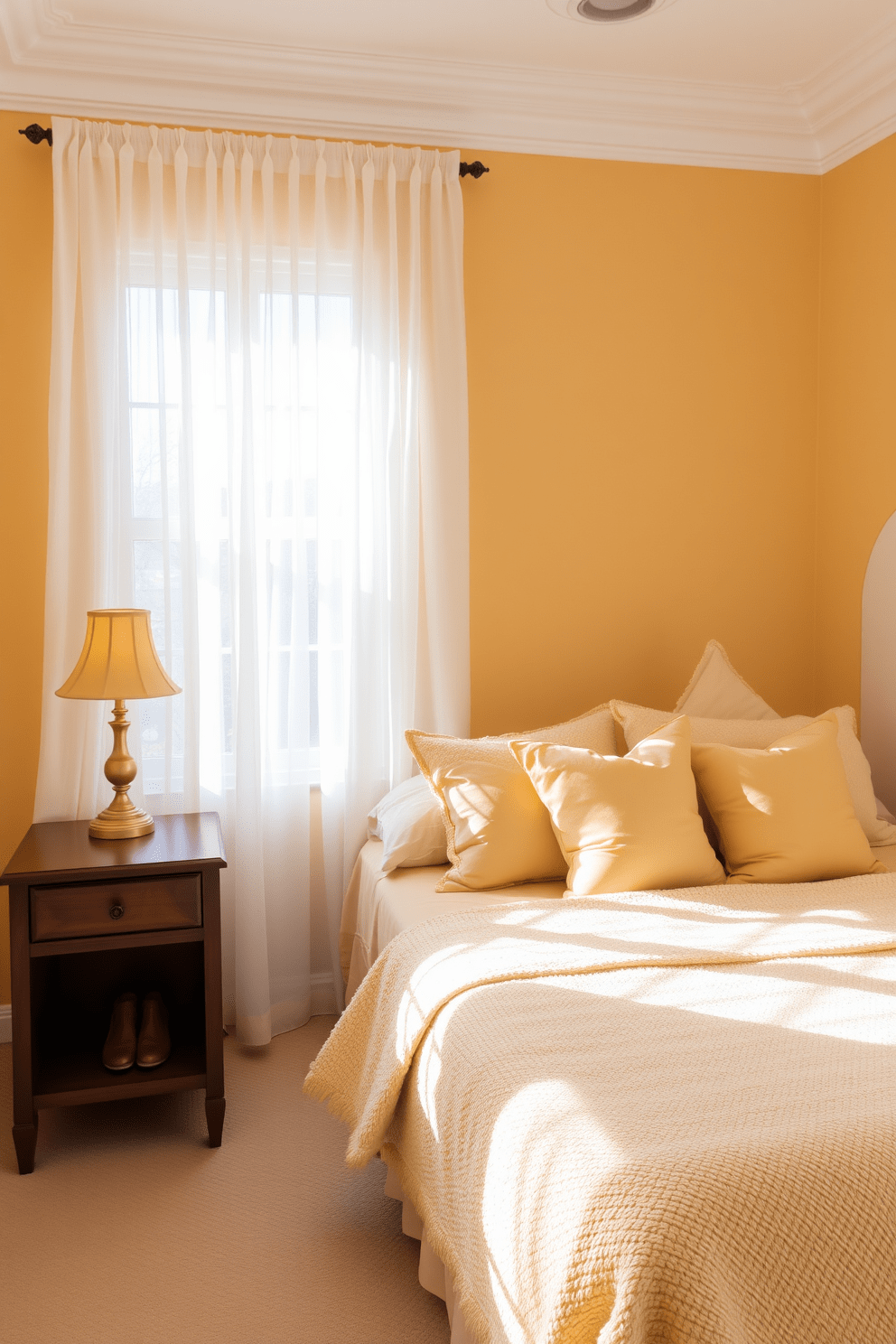 A serene bedroom infused with warm honey yellow tones creates a calming atmosphere. The walls are painted in a soft honey yellow, complemented by a plush cream-colored bedspread and decorative pillows in various shades of yellow. Natural light floods the room through sheer white curtains, enhancing the warmth of the space. A wooden bedside table holds a small lamp with a yellow shade, adding a touch of elegance to the cozy setting.