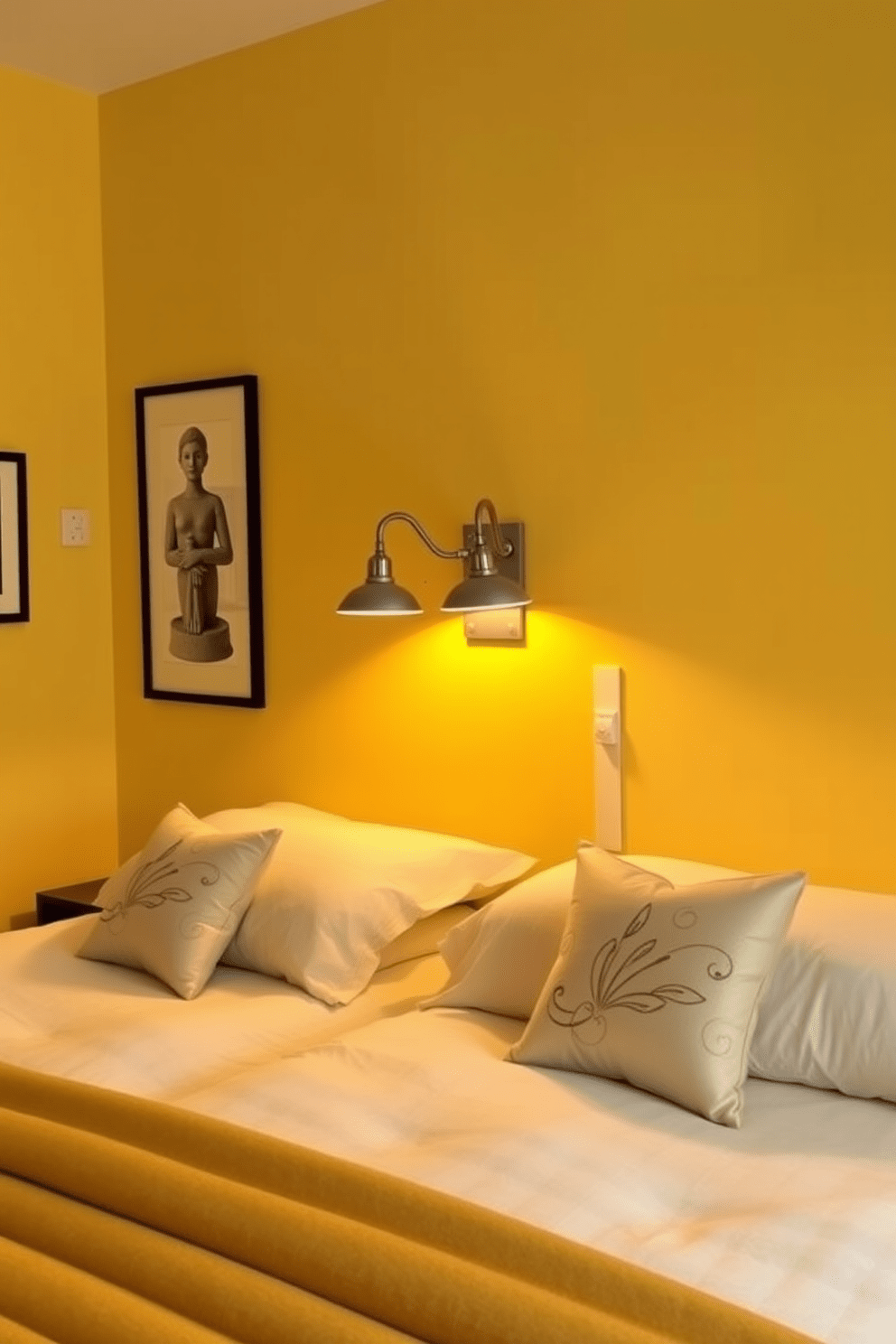 A cozy yellow bedroom featuring soft illumination from elegant bedside lamps. The walls are painted in a warm shade of yellow, complemented by plush bedding and decorative pillows.