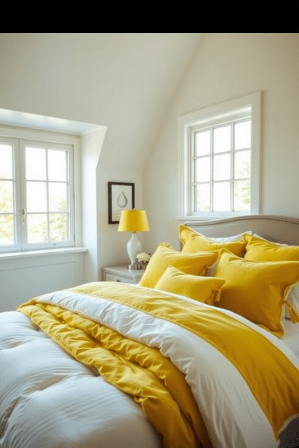 A cozy yellow bedroom featuring layered yellow and white bedding that creates a warm and inviting atmosphere. The walls are painted in a soft white, enhancing the brightness of the space while complementing the vibrant bedding. A stylish bedside table holds a modern lamp with a yellow shade, providing a pop of color. Large windows allow natural light to flood the room, highlighting the textures of the bedding and creating a cheerful ambiance.