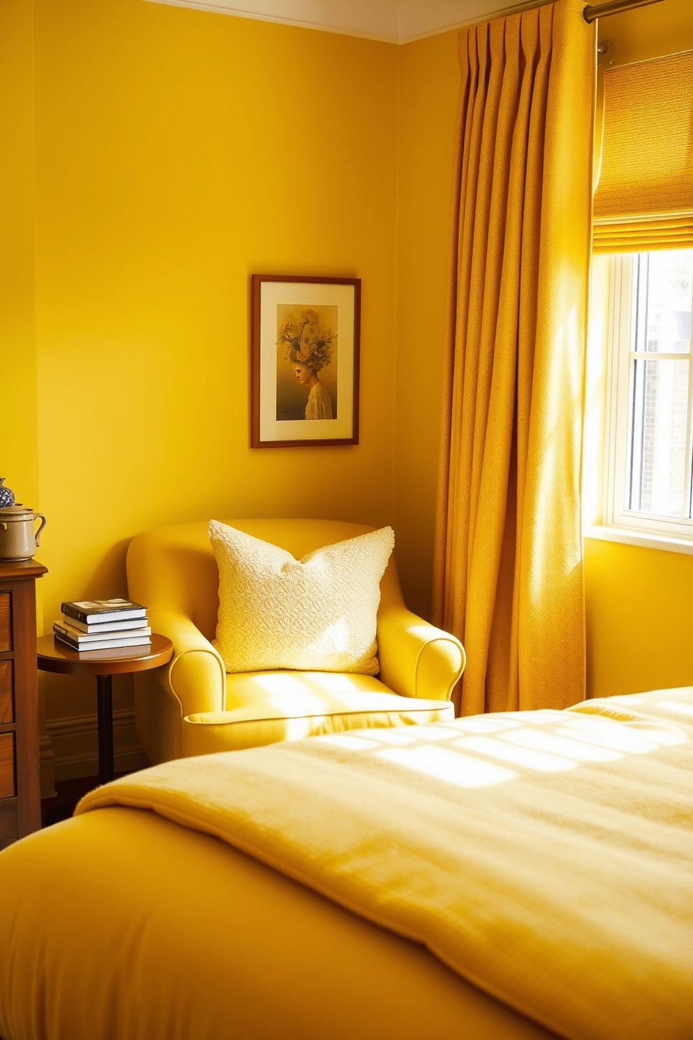 A cozy reading nook featuring a yellow accent chair with plush cushions. The nook is bathed in natural light from a nearby window, with a small side table holding a stack of books and a steaming cup of tea. A bright and inviting yellow bedroom design with soft, textured bedding and matching curtains. The walls are painted in a warm, sunny hue, complemented by wooden furniture and decorative artwork that adds a personal touch.