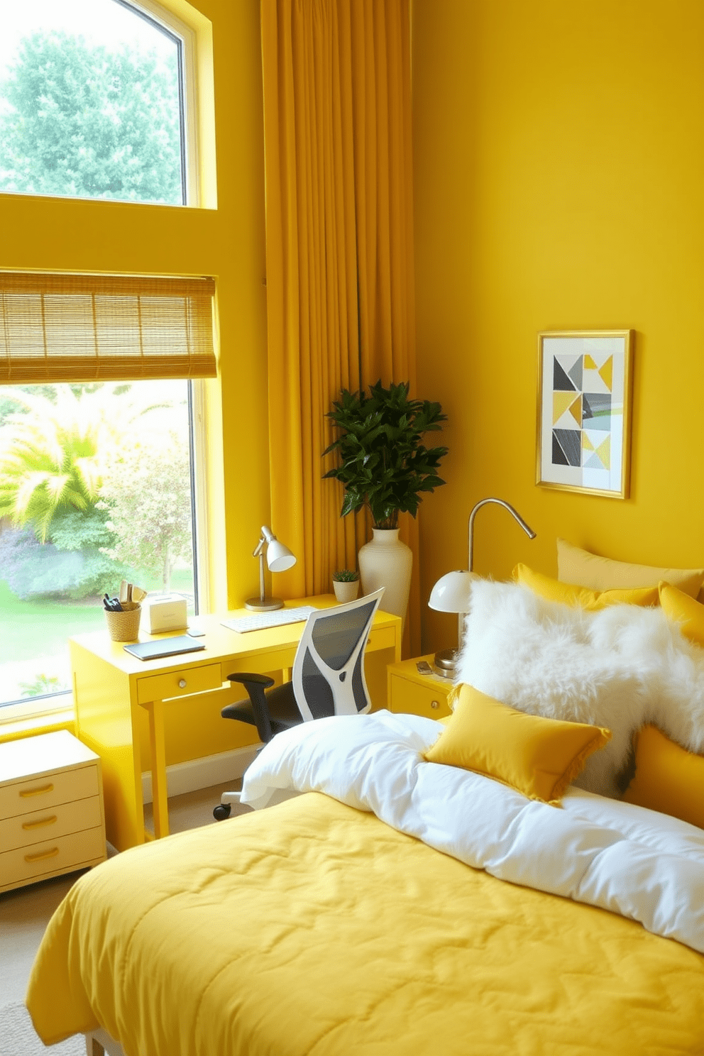 A bright yellow desk stands out in a lively workspace filled with natural light. The desk is paired with a comfortable ergonomic chair, and a large window offers a view of a vibrant garden outside. In the yellow bedroom design, the walls are painted in a soft pastel yellow that creates a warm and inviting atmosphere. A cozy bed with fluffy white linens and yellow accent pillows is the focal point, complemented by stylish bedside tables and soft lighting.