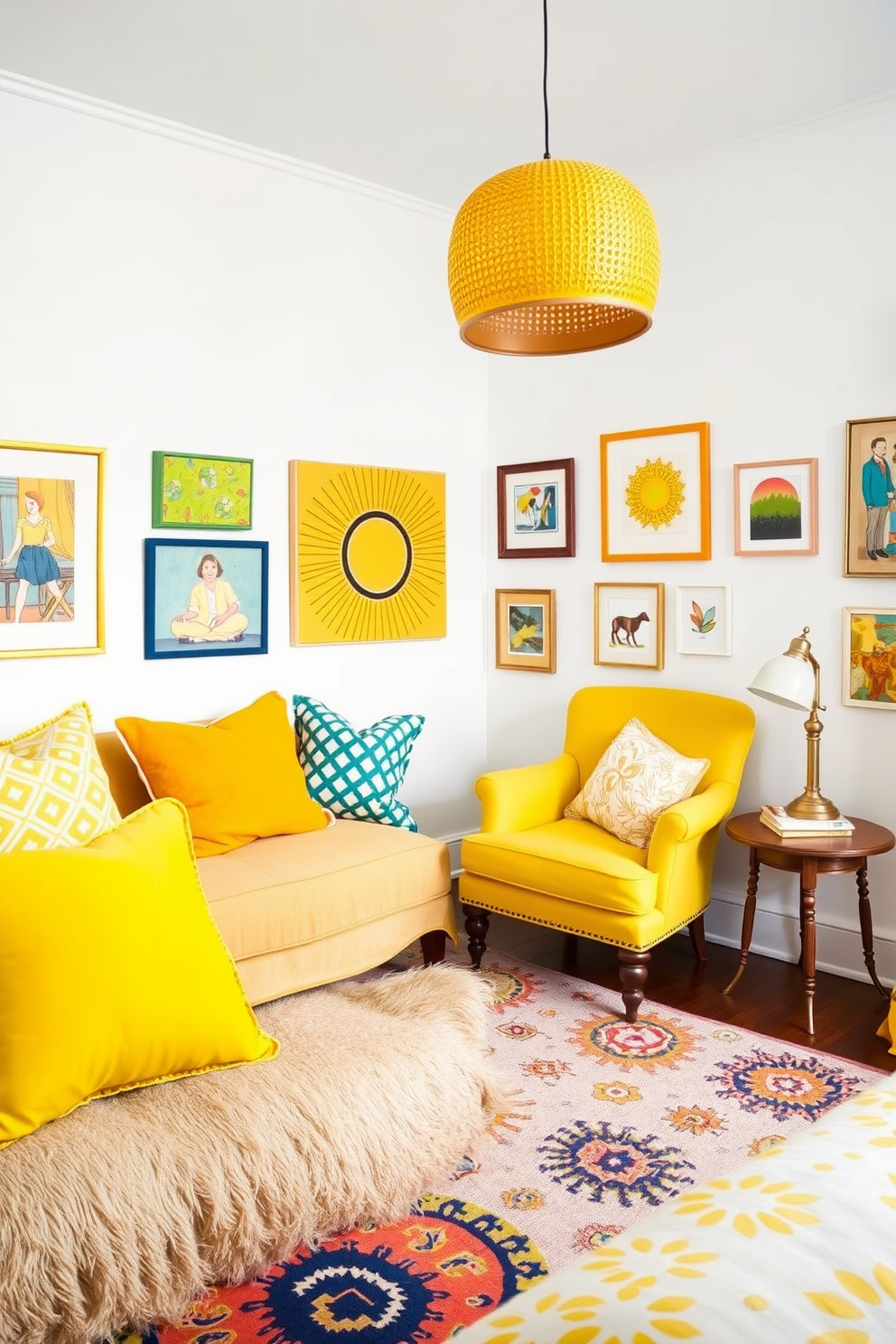 Eclectic yellow decor pieces bring vibrancy and personality to a cozy bedroom space. The room features a mix of yellow throw pillows, a bold patterned rug, and unique art pieces that celebrate the color. The walls are painted in a soft white to enhance the brightness of the yellow accents. A vintage yellow armchair sits in the corner, complemented by a small side table adorned with a quirky lamp.