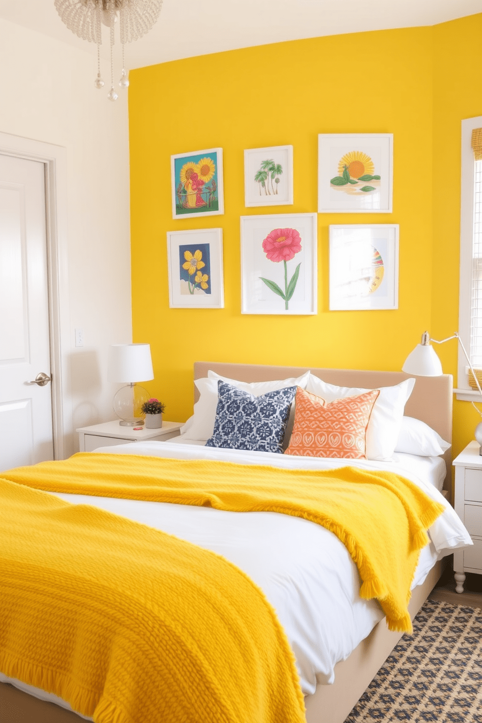 A bright and cheerful bedroom featuring a sunshine yellow feature wall adorned with vibrant artwork. The room includes a cozy bed with soft white linens and a plush yellow throw blanket, creating a warm and inviting atmosphere.