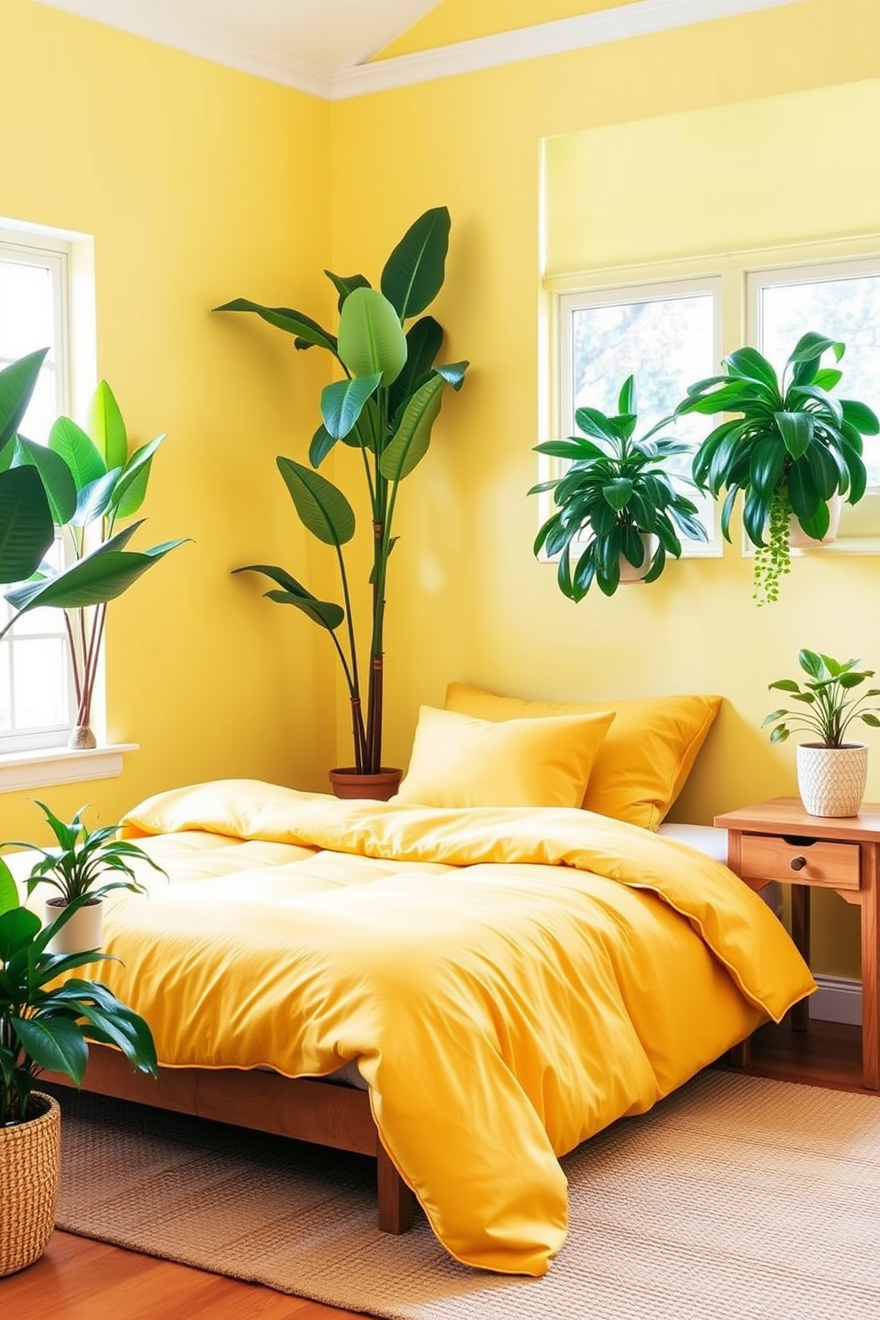 A bright and cheerful yellow bedroom filled with natural light. The walls are painted a soft yellow hue, complemented by green plants placed in various corners to add a refreshing touch. A cozy bed with a plush yellow duvet and coordinating pillows is the focal point. A wooden nightstand beside the bed holds a small potted green plant, enhancing the room's vibrant yet calming atmosphere.