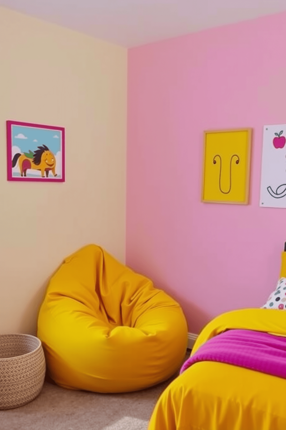 A playful yellow bean bag adds a fun element to the room. The walls are painted in a soft pastel hue, creating a cheerful atmosphere. A cozy bed with bright yellow bedding complements the playful theme. Fun wall art featuring whimsical designs enhances the overall decor.