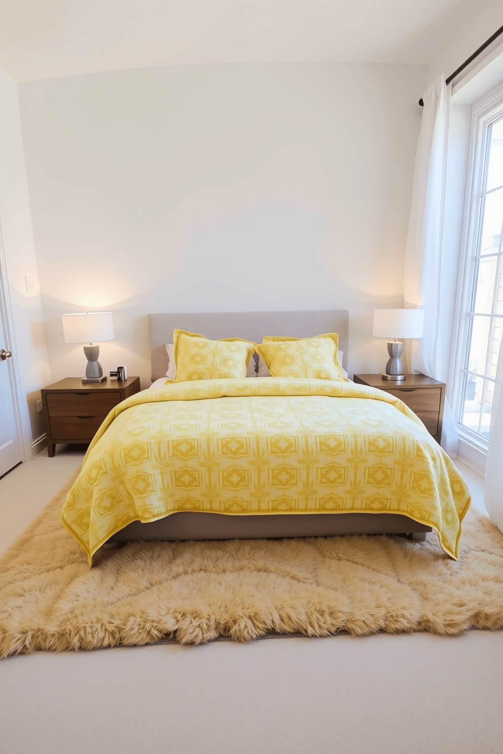 A cozy bedroom featuring a large bed dressed in yellow patterned quilts. The walls are painted a soft white, and a plush area rug in a complementary color lies beneath the bed. On either side of the bed, there are sleek wooden nightstands with stylish lamps. A large window dressed with sheer white curtains allows natural light to fill the space.