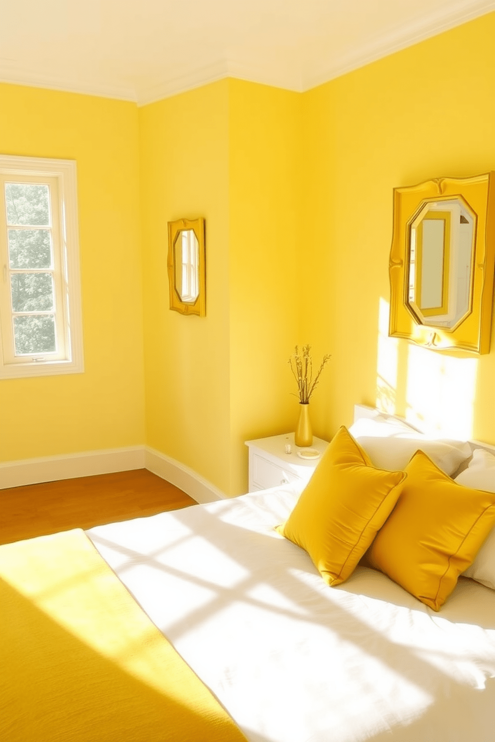 A bright and cheerful yellow bedroom filled with natural light. The walls are painted a soft pastel yellow, creating a warm and inviting atmosphere. A pair of yellow framed mirrors adorn the walls, strategically placed to reflect light and enhance the room's brightness. A cozy bed with white linens and yellow accent pillows sits against one wall, complemented by a stylish yellow rug underfoot.