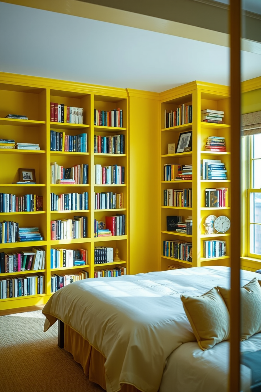 Bright yellow bookshelves create a cheerful and inviting atmosphere in the library. The shelves are filled with a variety of colorful books and decorative items, enhancing the vibrant ambiance. The yellow bedroom features a cozy bed with soft linens and pillows in complementary colors. Large windows allow natural light to flood the space, highlighting the cheerful yellow walls and creating a warm, welcoming environment.