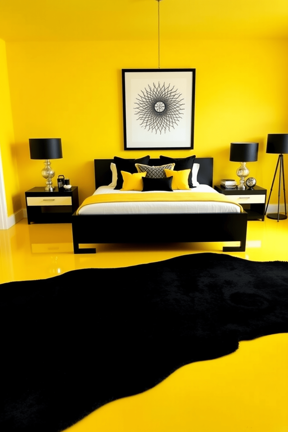 A striking yellow and black bedroom design that exudes boldness and energy. The walls are painted a vibrant yellow, while the furniture features sleek black accents, including a modern bed frame and nightstands. A large black area rug anchors the space, contrasting beautifully with the yellow floor. Decorative pillows in various shades of yellow and black adorn the bed, adding texture and interest to the overall design.