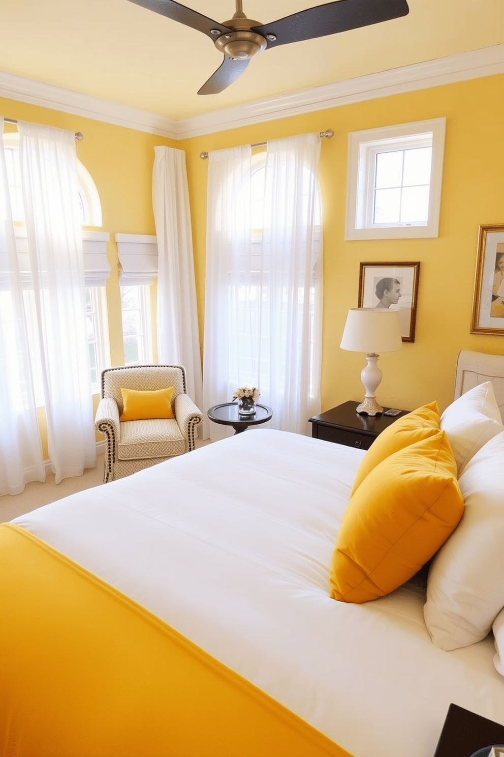 A bright yellow bedroom with light yellow walls that create a warm and inviting atmosphere. The room features a plush queen-sized bed dressed in crisp white linens and accented with vibrant yellow throw pillows. Natural light floods the space through large windows adorned with sheer white curtains. A cozy reading nook is created by a comfortable armchair and a small side table placed in one corner, inviting relaxation.