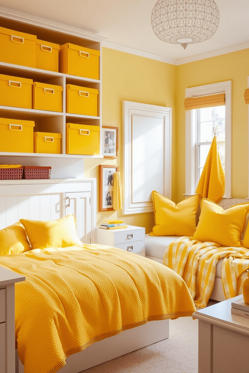 A bright and cheerful bedroom filled with yellow storage boxes that add a pop of color while keeping the space organized. The walls are painted a soft pastel yellow, complemented by white furniture and vibrant bedding that enhances the sunny atmosphere. Stylish yellow storage boxes are neatly arranged on shelves, providing both functionality and aesthetic appeal. The room features a cozy reading nook by the window, adorned with yellow accents and soft textiles, creating an inviting retreat.