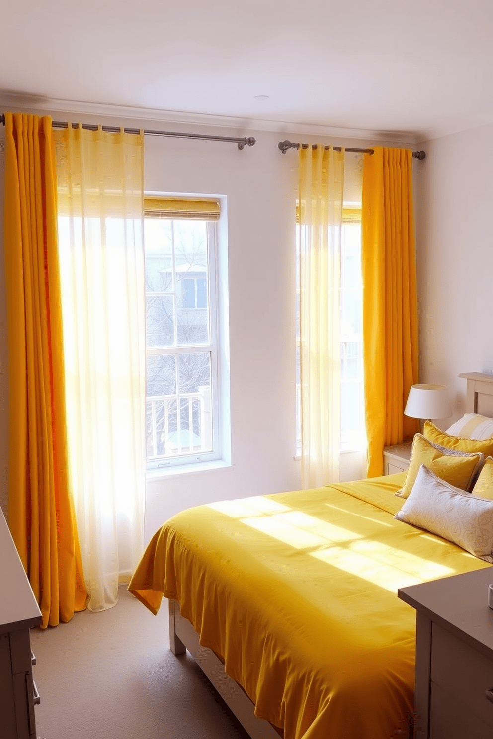 Bright yellow curtains frame the windows, allowing natural light to flood the room and create a cheerful atmosphere. The walls are painted in a soft white, complementing the vibrant curtains and enhancing the overall brightness of the space. A plush yellow bedspread adorns the bed, paired with coordinating throw pillows in various shades of yellow and gray. The room features light wooden furniture, including a nightstand and a dresser, which add warmth and balance to the lively color scheme.