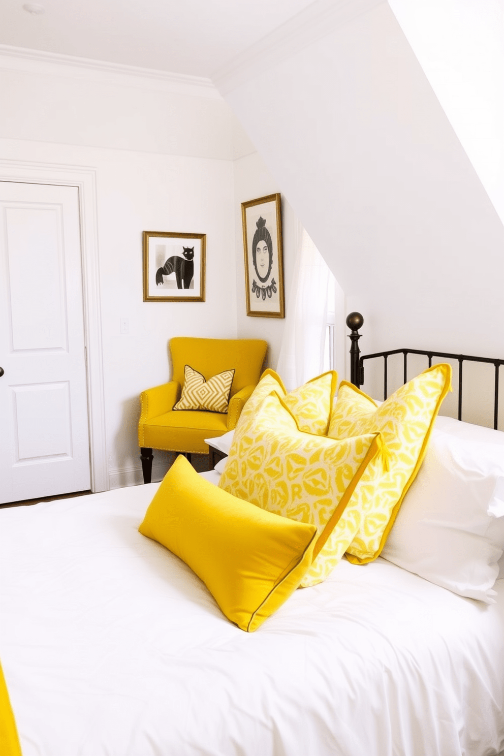 A bright and cheerful yellow bedroom filled with vibrant energy. The bed is adorned with yellow accent pillows featuring fun patterns that add a playful touch to the space. The walls are painted in a soft white to enhance the brightness of the yellow decor. A cozy reading nook with a yellow armchair and a small side table completes the inviting atmosphere.