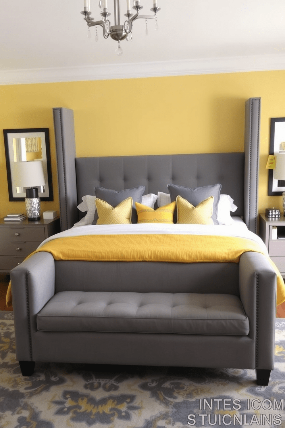 A sophisticated bedroom featuring a yellow and gray color scheme. The walls are painted a soft yellow, while the bedding is a rich gray with yellow accents. A sleek gray upholstered bed is positioned against the wall, complemented by matching nightstands on either side. Decorative yellow throw pillows add a pop of color to the bed, and a stylish area rug in gray and yellow ties the room together.