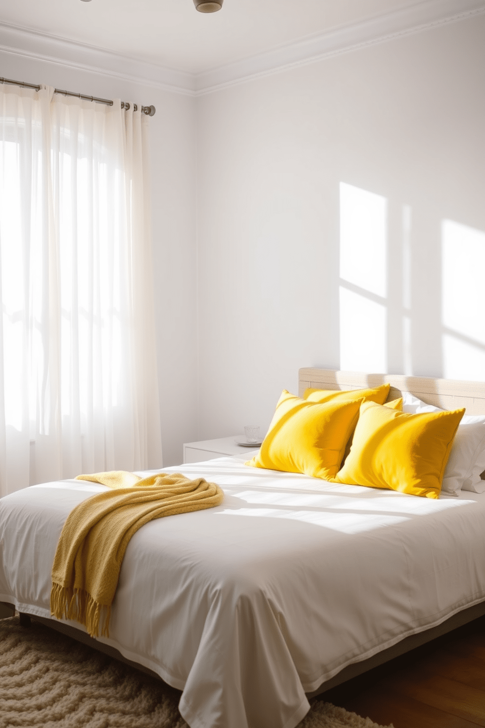 A bright and cheerful bedroom featuring a neutral bed adorned with bold yellow throw pillows. The walls are painted in a soft white, creating a fresh and inviting atmosphere. Sunlight streams in through sheer curtains, illuminating the space and highlighting the vibrant colors. A cozy area rug complements the decor, adding warmth and texture to the room.