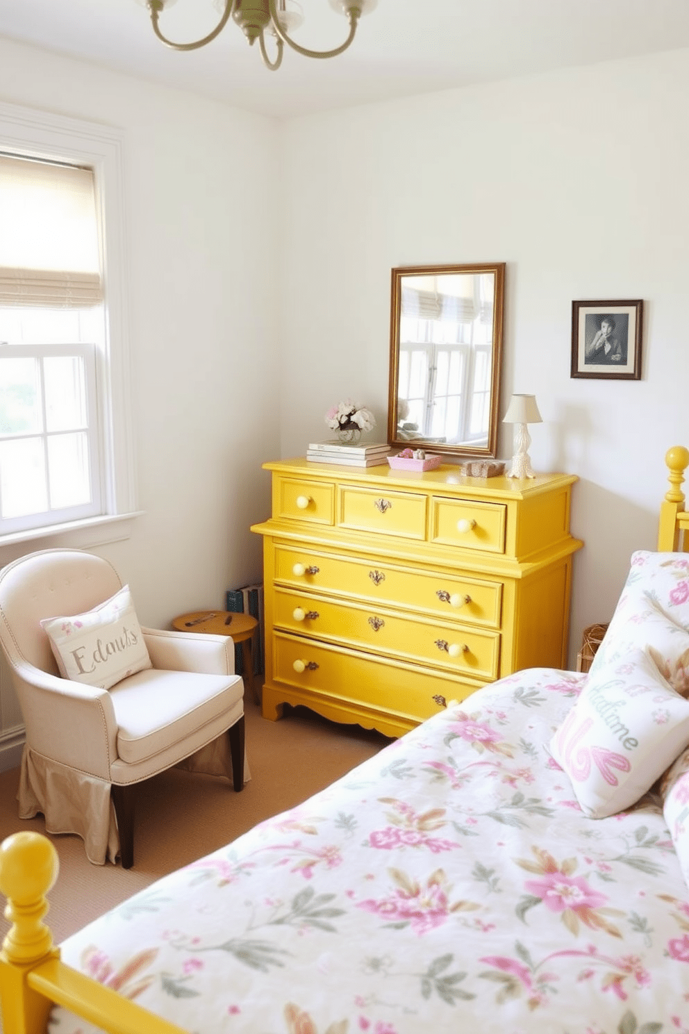 A vintage yellow dresser adds a charming touch to the room. The walls are painted in soft white, creating a bright and airy atmosphere that complements the dresser beautifully. The bedding features a mix of pastel colors with floral patterns, enhancing the vintage feel. A cozy reading nook with a plush armchair and a small side table completes the inviting look of the yellow bedroom.