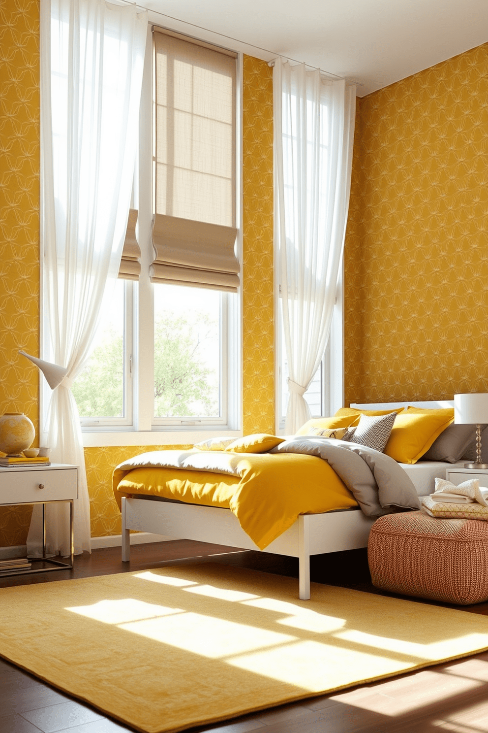 A bright and inviting bedroom featuring yellow geometric wallpaper that creates a modern and playful atmosphere. The room is furnished with a sleek white bed frame, complemented by vibrant yellow and gray bedding that enhances the overall design. Natural light floods the space through large windows adorned with sheer white curtains that soften the bold wallpaper. A minimalist nightstand holds a stylish lamp, and a cozy area rug in neutral tones anchors the room, providing warmth and comfort.