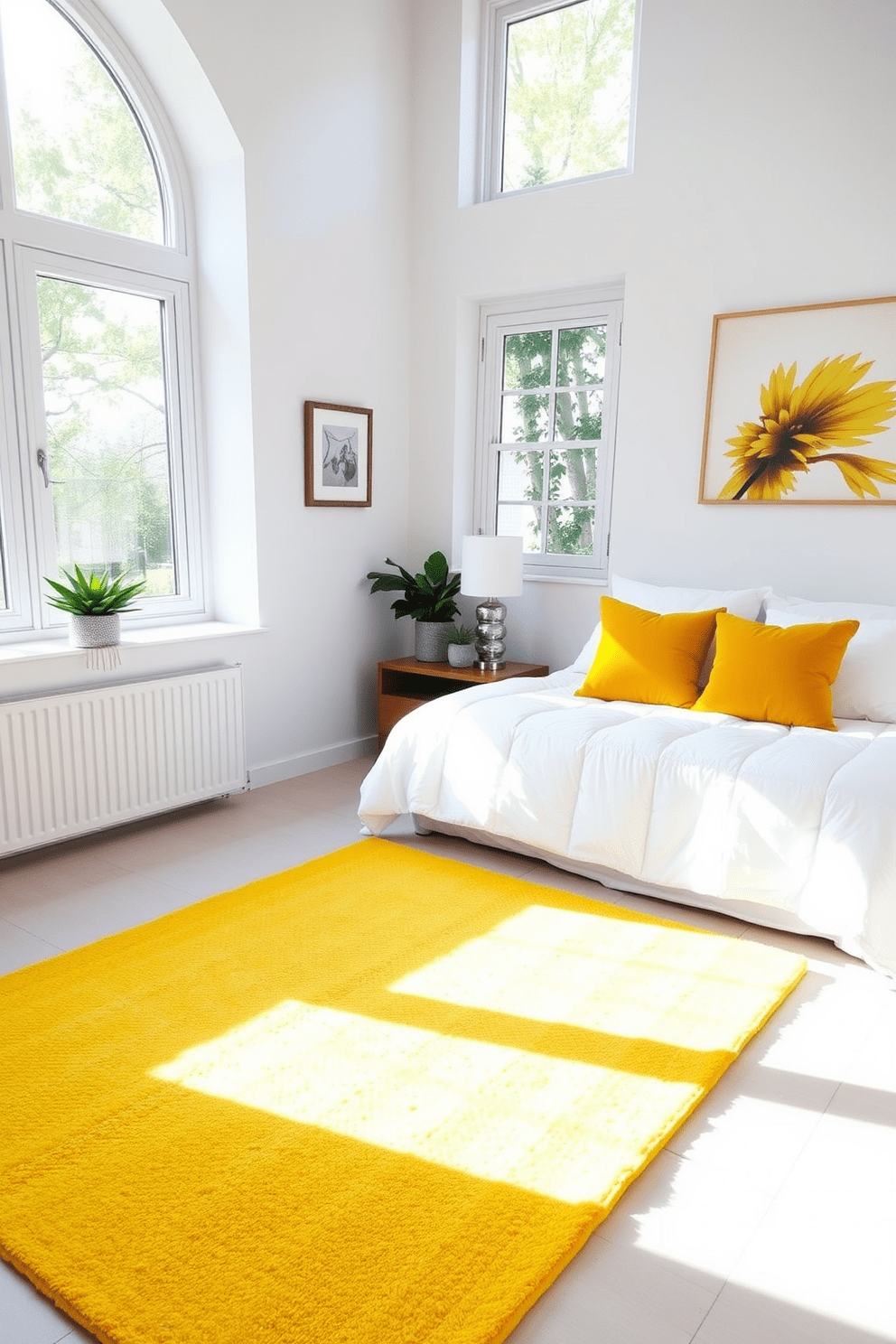 A cheerful yellow area rug is placed in the center of a cozy bedroom, adding a pop of color to the space. The walls are painted in soft white, and the bed is adorned with fluffy white bedding and vibrant yellow accent pillows. Natural light streams in through large windows, illuminating the room and enhancing the cheerful atmosphere. A stylish wooden nightstand holds a small potted plant and a decorative lamp, completing the inviting design.