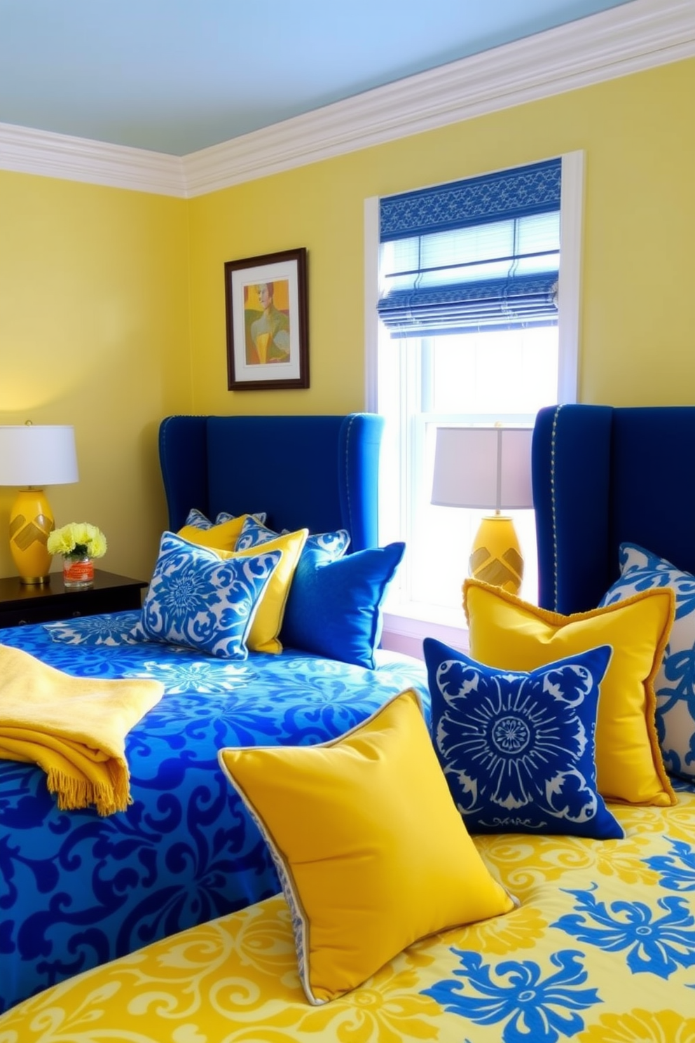 A bright and cheerful bedroom featuring a mix of yellow and blue hues. The walls are painted a soft pastel yellow, while the bedding showcases a bold blue pattern that adds energy to the space. A stylish upholstered headboard in a rich navy blue complements the yellow accents throughout the room. Decorative throw pillows in various shades of yellow and blue are arranged on the bed, enhancing the vibrant palette.